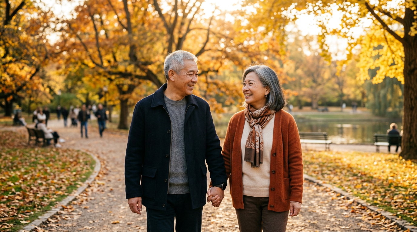 牵手老人黄昏散步